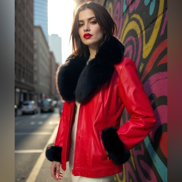Vintage CHOSEN COUTURE Red Pebbled Leather Jacket Fox Fur Trim Women's Small - Picture 1 of 14